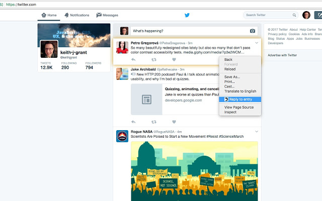 A highlighted tweet on twitter.com, with the context menu open. The Omnibear "reply to entry" option is highlighted in the context menu