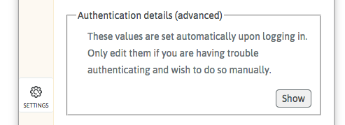 Authentication details section in Settings